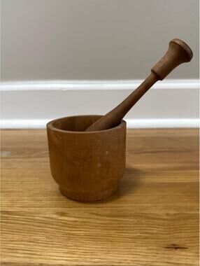 Vintage Rustic Wood Mortar & Pestle Old Primitive Pounder Bowl Food Grinding